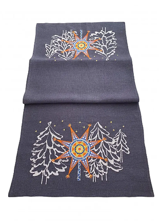 Дорожка с вышивкой "режевая звезда" темно-серая льняная