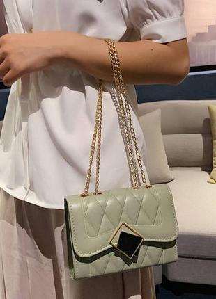 Женская мини сумочка клатч на цепочке, маленькая сумка через плечо зеленый7 фото
