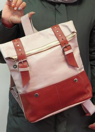 Вместительный кожаный рюкзак "ажгон" (розовый)10 фото