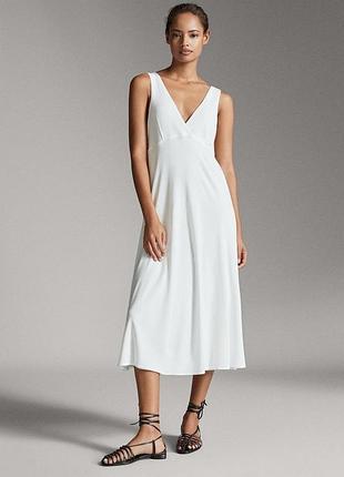 Massimo dutti бело - снежное платье миди с v-образным вырезом2 фото