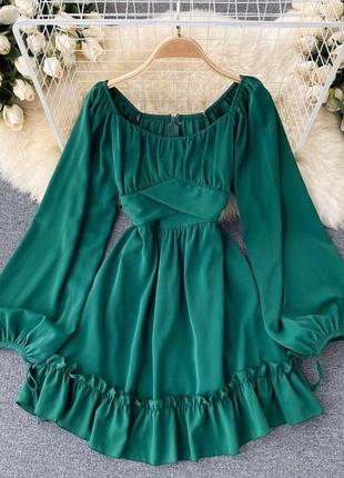 Коротка сукня з довгими об'ємними рукавами приталена з рясною спідницею і рюшами бант на спині плаття біла чорна зелена рожева1 фото