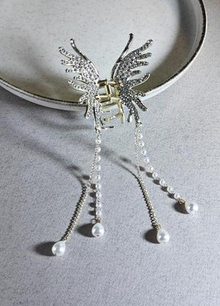 Краб бабочка, металлический, золотистый со стразами