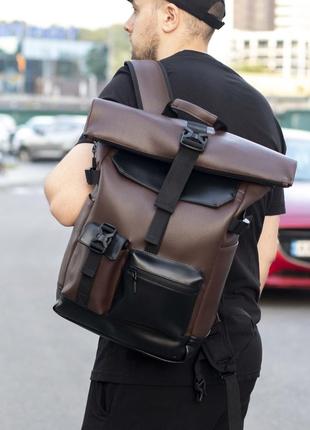 Вместительный городской рюкзак ролл топ коричневый из эко-кожи с отделением для ноутбука на 20-25 л1 фото