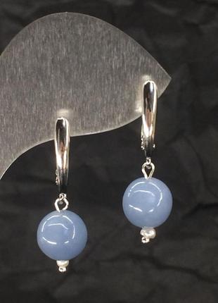 Сережки з натуральним каменем ангелит d-9.5 мм і перлами колір фурнітури срібло