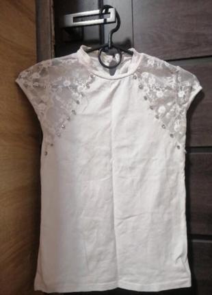 Блузка майка белая кружная легкая школьная полупрозрачная с блестками на вереск