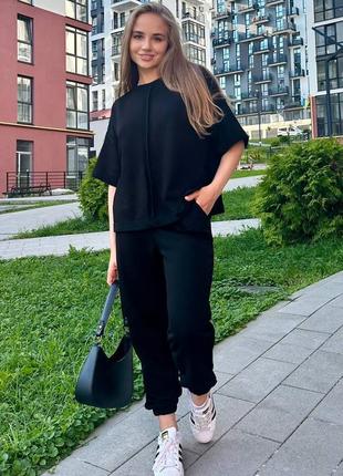 Костюм жіночий чорний однотонний оверсайз футболка штани джогери на високій посадці з кишенями якісний стильний базовий