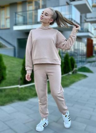 Костюм спортивный женский бежевый однотонный оверсайз худи с капишоном брюки джоггеры на высокой посадке качественный стильный
