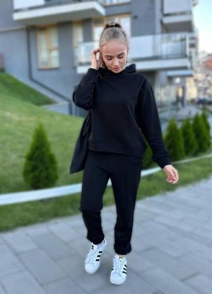 Костюм спортивный женский черный однотонный оверсайз худи с капишоном брюки джоггеры на высокой посадке качественный стильный