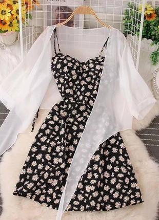 Красивое нежное женское стильное легкое летнее платье мини комплект двойка сарафан с рубашкой7 фото