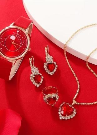 Женские часы rinnandy  с красным ремешком из экокожи + набор бижутерии6 фото