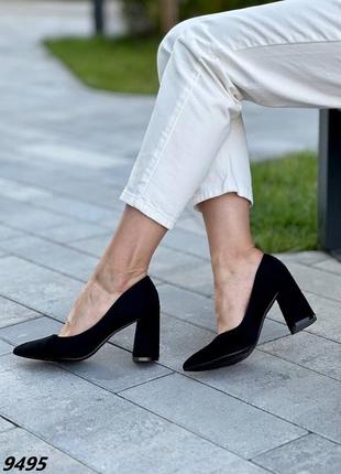 Туфли черные замш с узким носиком на каблуке широком высоком квадратном4 фото