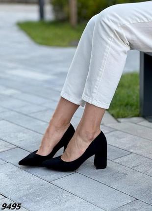 Туфли черные замш с узким носиком на каблуке широком высоком квадратном7 фото