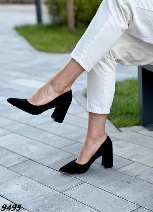 Туфли черные замш с узким носиком на каблуке широком высоком квадратном8 фото