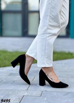 Туфли черные замш с узким носиком на каблуке широком высоком квадратном6 фото