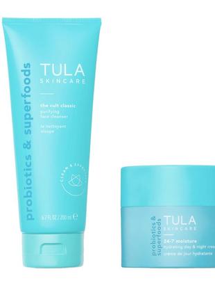 Набір пробників крем та засіб для очищення шкіри tula 24-7 moisture hydrating day & night cream7 фото