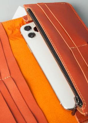 Оранжевый кожаный кошелек длинный цветочный узор | яркий кошелек с тиснением, женский кошелек ручной работы4 фото