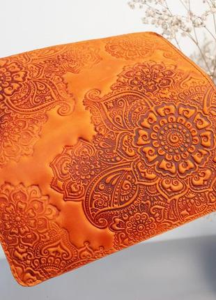 Оранжевый кожаный кошелек длинный цветочный узор | яркий кошелек с тиснением, женский кошелек ручной работы2 фото
