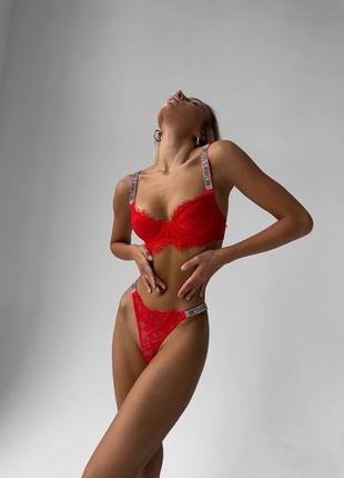Червоний мереживний комплект білизни з камінчиками victoria's secret