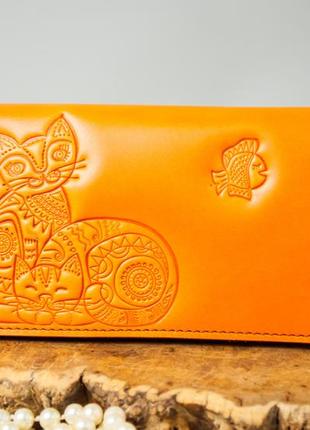 Яркий кожаный кошелек с котиками оранжевый кошелек ручной работы