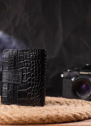 Компактный кошелек из натуральной кожи с тиснением под крокодила canpellini 21684 черный7 фото