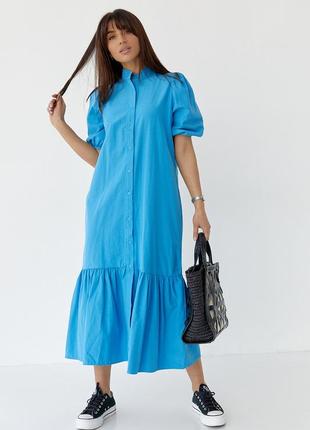 Довге плаття на ґудзиках з воланом низом — синій колір, m (є розміри) s