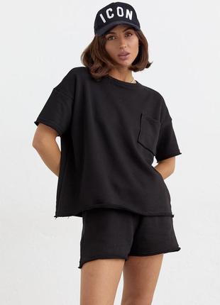 Трикотажний жіночий костюм із шортами та футболкою — чорний колір, l (є розміри)3 фото