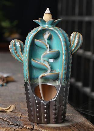 Керамическая подставка для благовоний backflow "кактус" синий. водопад жидкий дым