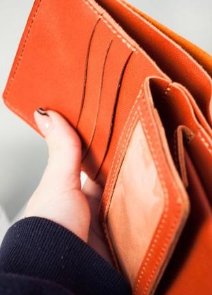 Кожаный кошелек с совой 10 отделов (имеет монетницу и прозрачный) с тиснением оранжевый3 фото