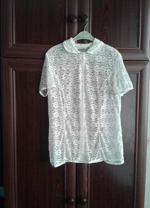 Винтажная белая гипюровая кружевная блузка рубашка с коротким рукавом1 фото
