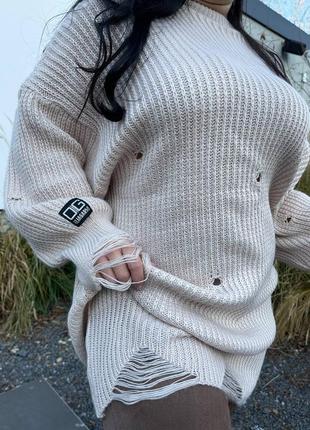 Вязаное платье-туника «корица» с дырочками8 фото