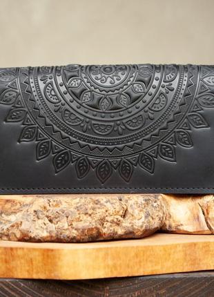 Женский кошелек из натуральной кожи в черном цвете с тиснением "мандала" женские портмоне.
