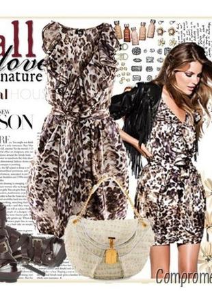.брендовое атласное платье с рюшами "h&m" с леопардовым принтом. размер eur38.