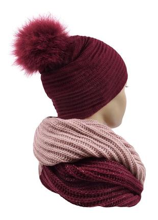 Вязаный комплект зимняя тёплая шапка и шарф снуд хомут женский к32 фото