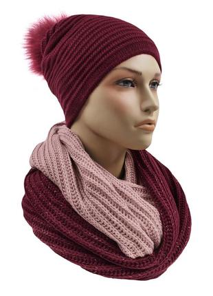 Вязаный комплект зимняя тёплая шапка и шарф снуд хомут женский к31 фото