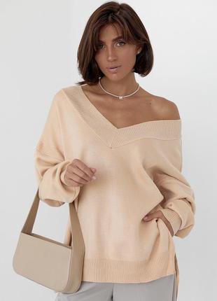 Женский пуловер oversize с боковыми разрезами - бежевый цвет, l (есть размеры)