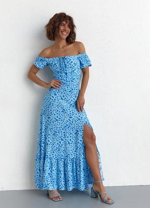 Довге плаття з оборкою та розрізом — блакитний колір, l (є розміри)6 фото