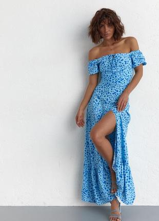 Довге плаття з оборкою та розрізом — блакитний колір, l (є розміри)5 фото