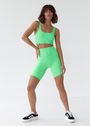 Жіночий еластичний костюм із велосипедками та топом — салатовий колір, xs/s (є розміри)