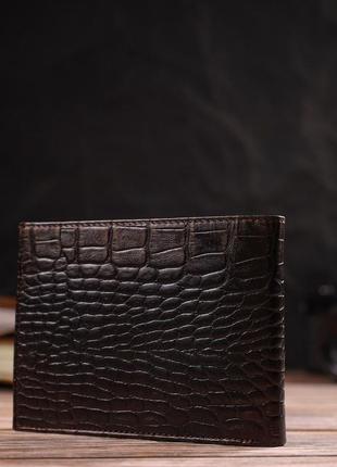 Фактурний чоловічий гаманець без застібки горизонтального формату з натуральної шкіри з тисненням під крокодила7 фото