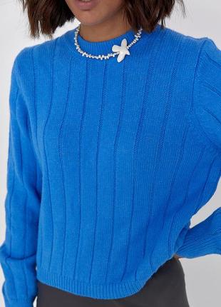 Женский вязаный джемпер в широкий рубчик - синий цвет, l (есть размеры)4 фото