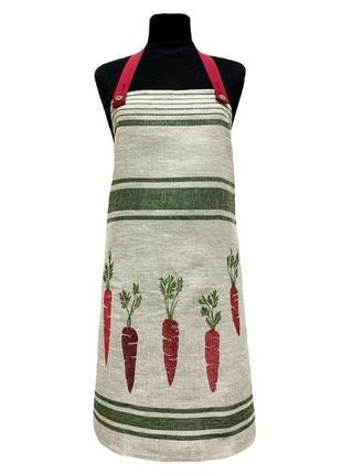 Фартух з вишивкою "морква" зелена смужка льняний, галерея льону1 фото