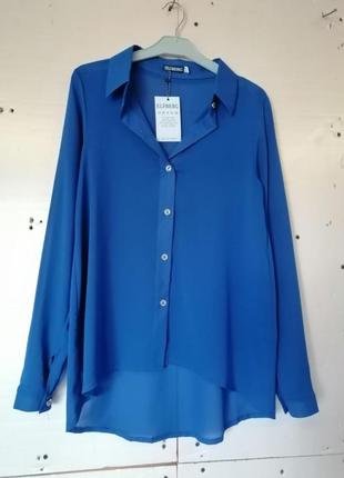 Шикарна напівпрозора блуза сорочка з подовженою спинкою розміри 42 44 46 48 кольору гірчиця. синій.