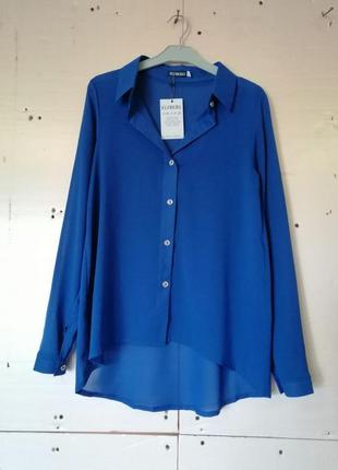 Шикарна напівпрозора блуза сорочка з подовженою спинкою розміри 42 44 46 48 кольору гірчиця. синій.3 фото
