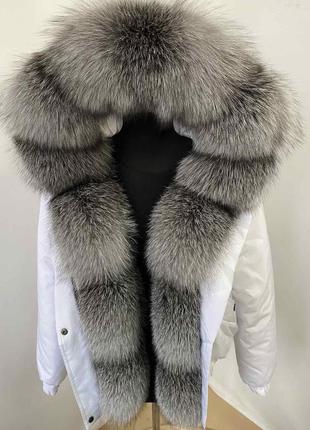 Зимова куртка, бомбер з натуральним трендовим хутром bluefrost блюфрост в серебристому забарвленні