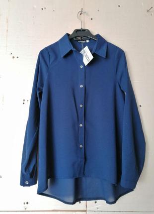 Шикарна напівпрозора блуза сорочка з подовженою спинкою розміри 42 44 46 48 кольору гірчиця. синій.3 фото