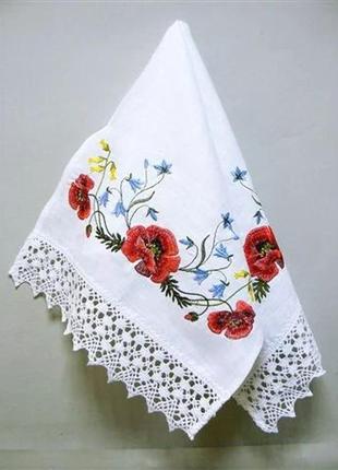 Рушник з вишивкою "маки" білий з мереживом льняний, галерея льону, весільний