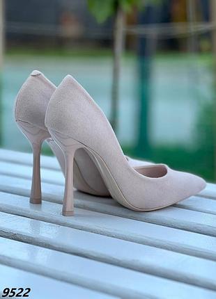 Туфли лодочки бежевые на высоком каблуке шпильке замш с узким носиком