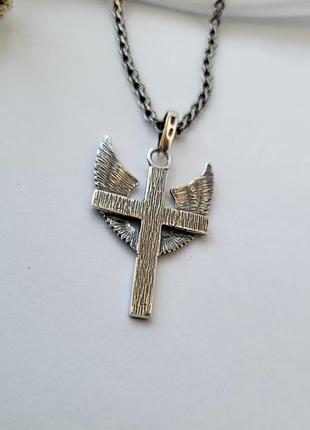 Срібний прямий хрестик хрест і крила ангела чорненне срібло 925 3079ч 5.50г3 фото