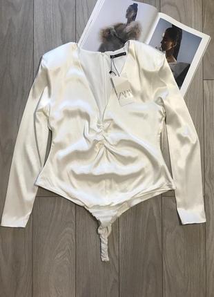 Белый атласный боди от zara p.xxl 99% вискоза4 фото