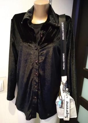 Стильная базовая чёрная велюровая рубашка блузка3 фото